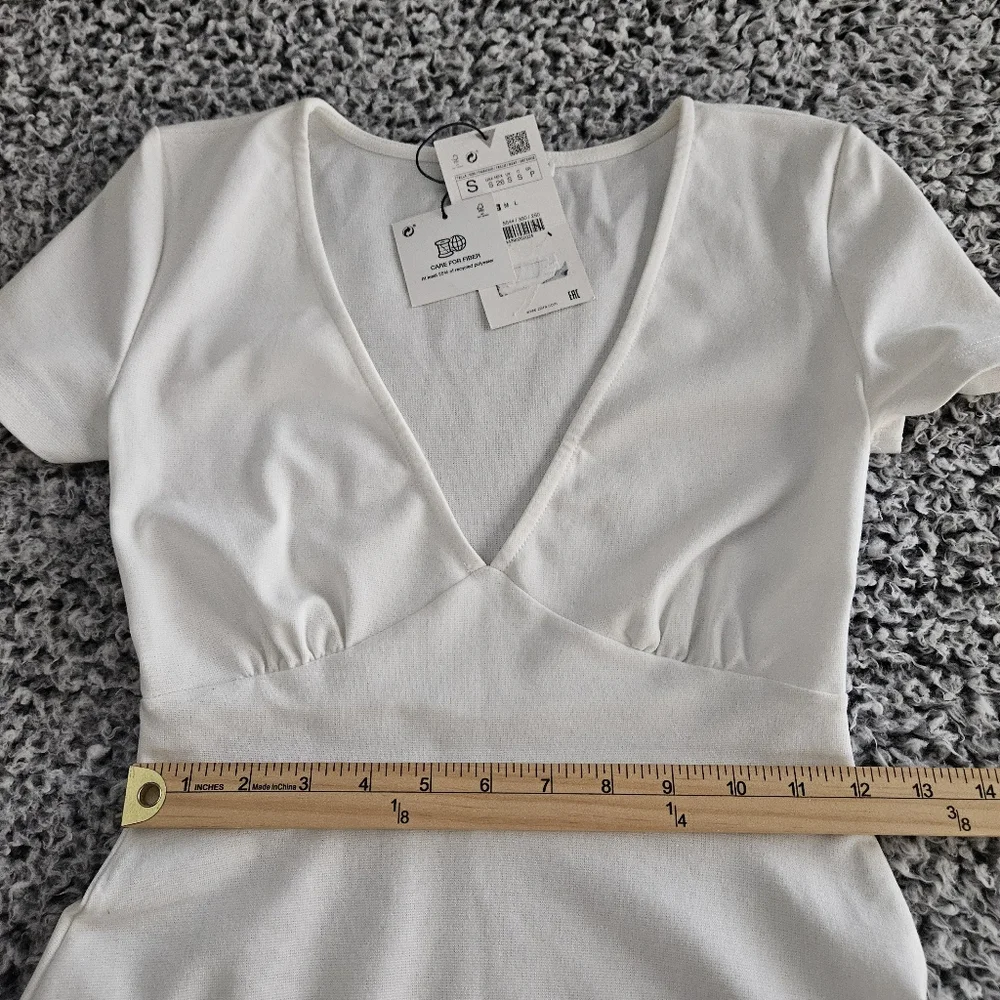 Zara White Mini Dress Small Short Sleeves V-Neck A-Line Graduation Bachelorette - Picture 9 of 10